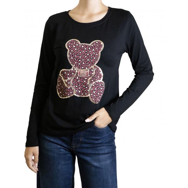 t shirt manica lunga bianca con stampa Orsacchiotto leopardato